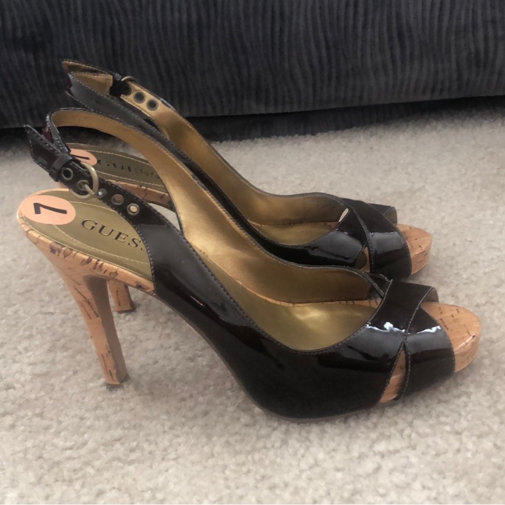Guess Brown Patent Leather Peep Toe Slingback Heels